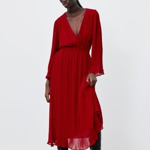 Classic Red Zara Pleated MIDI Dress